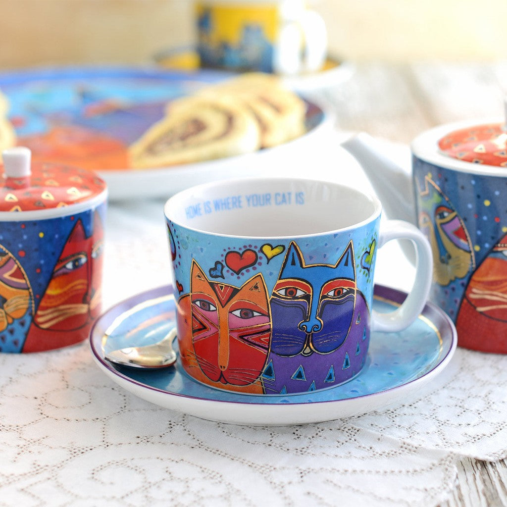 SET BLUE AND RED CAPPUCCINO CUPS-SAUCERS - Egan